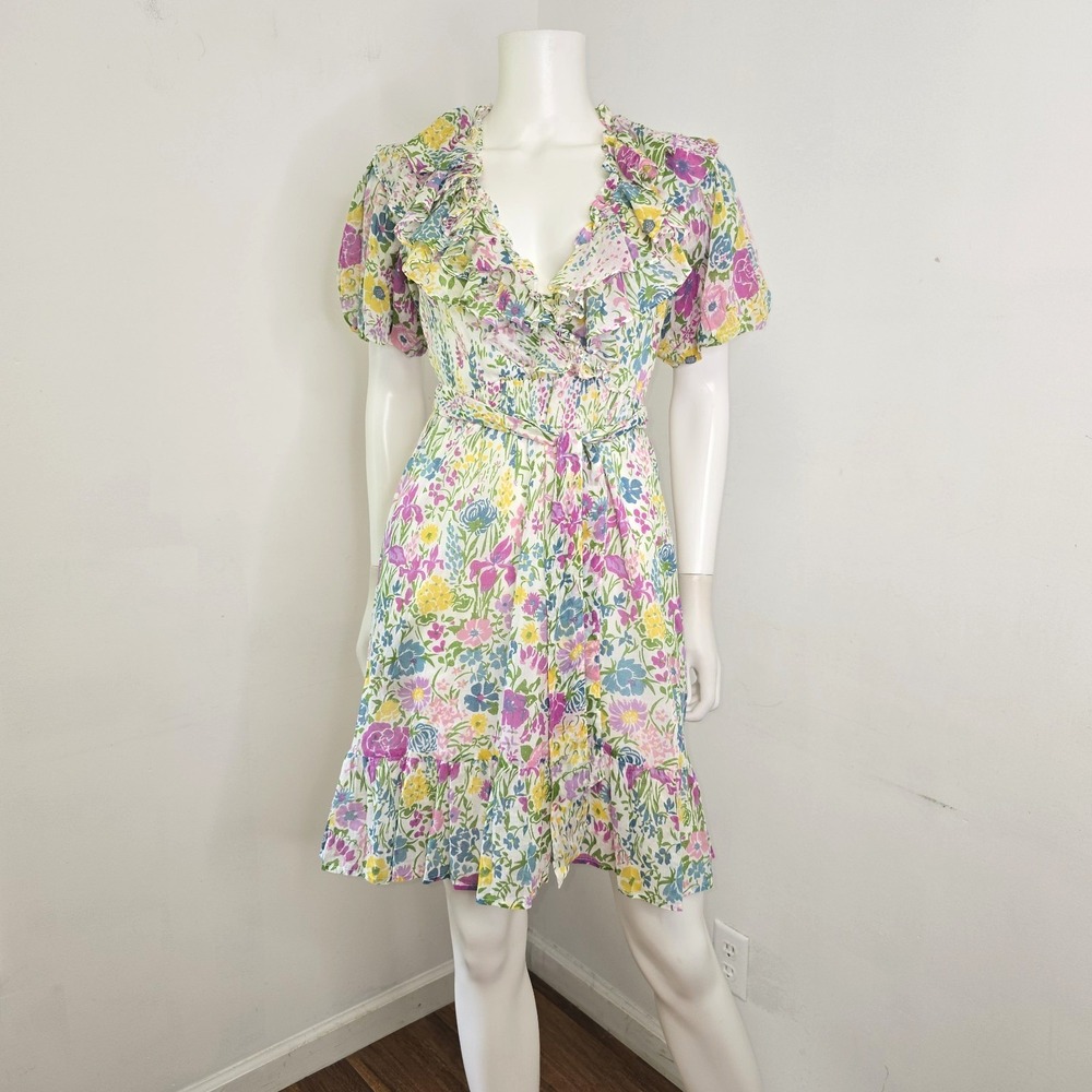 Banjanan Hafren Floral Wrap Mini Dress Ruffle Puff Sleeve Size S Tie Waist Lined